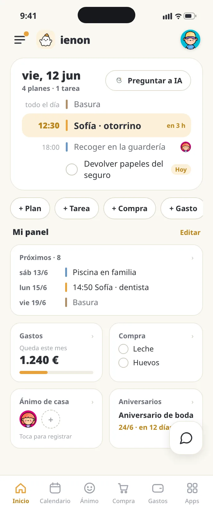 La pantalla de inicio de ienon