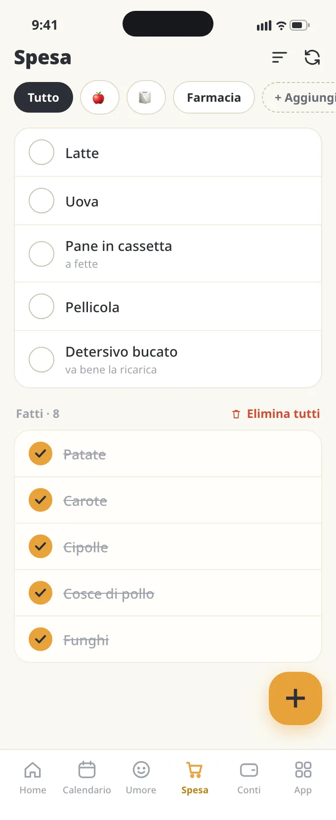 La schermata lista della spesa di ienon